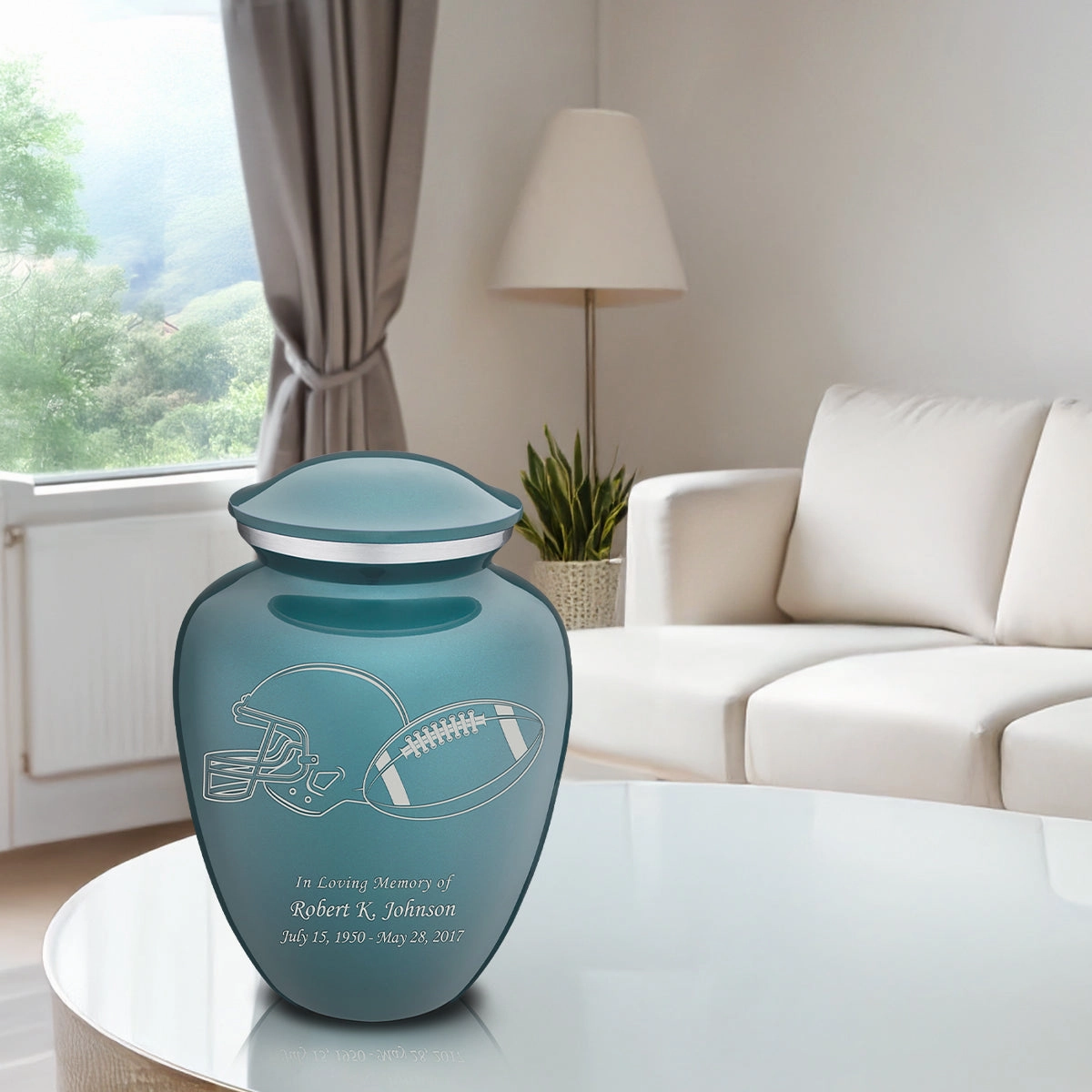 Adult Embrace Teal Football Cremation Urn