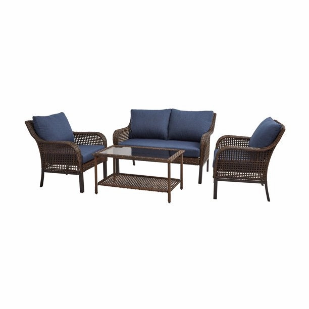 Mainstays Tuscany Ridge 4 Piece Wicker Conversation Set, Blue - Material: Wicker, Steel