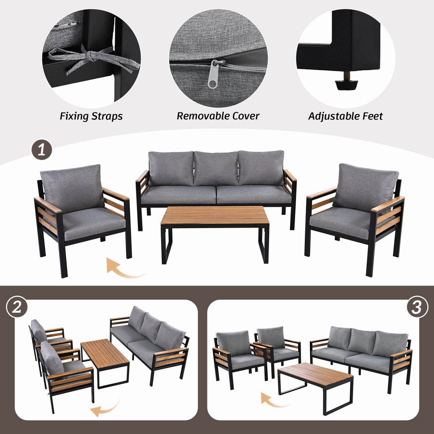 Streamdale 4-Piece Outdoor Sofa Set with Acacia Armrests & Coffee Table