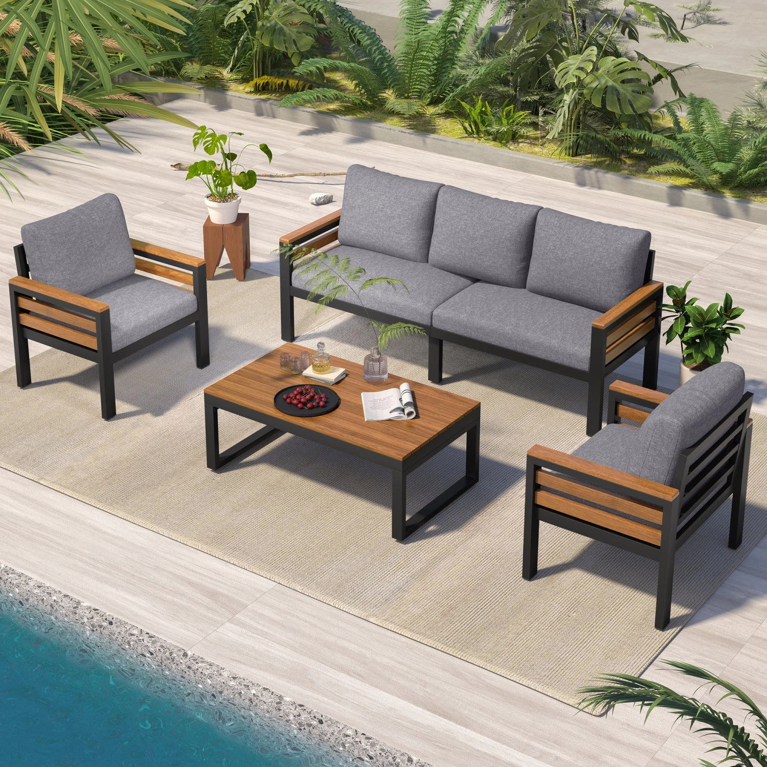 Streamdale 4-Piece Outdoor Sofa Set with Acacia Armrests & Coffee Table