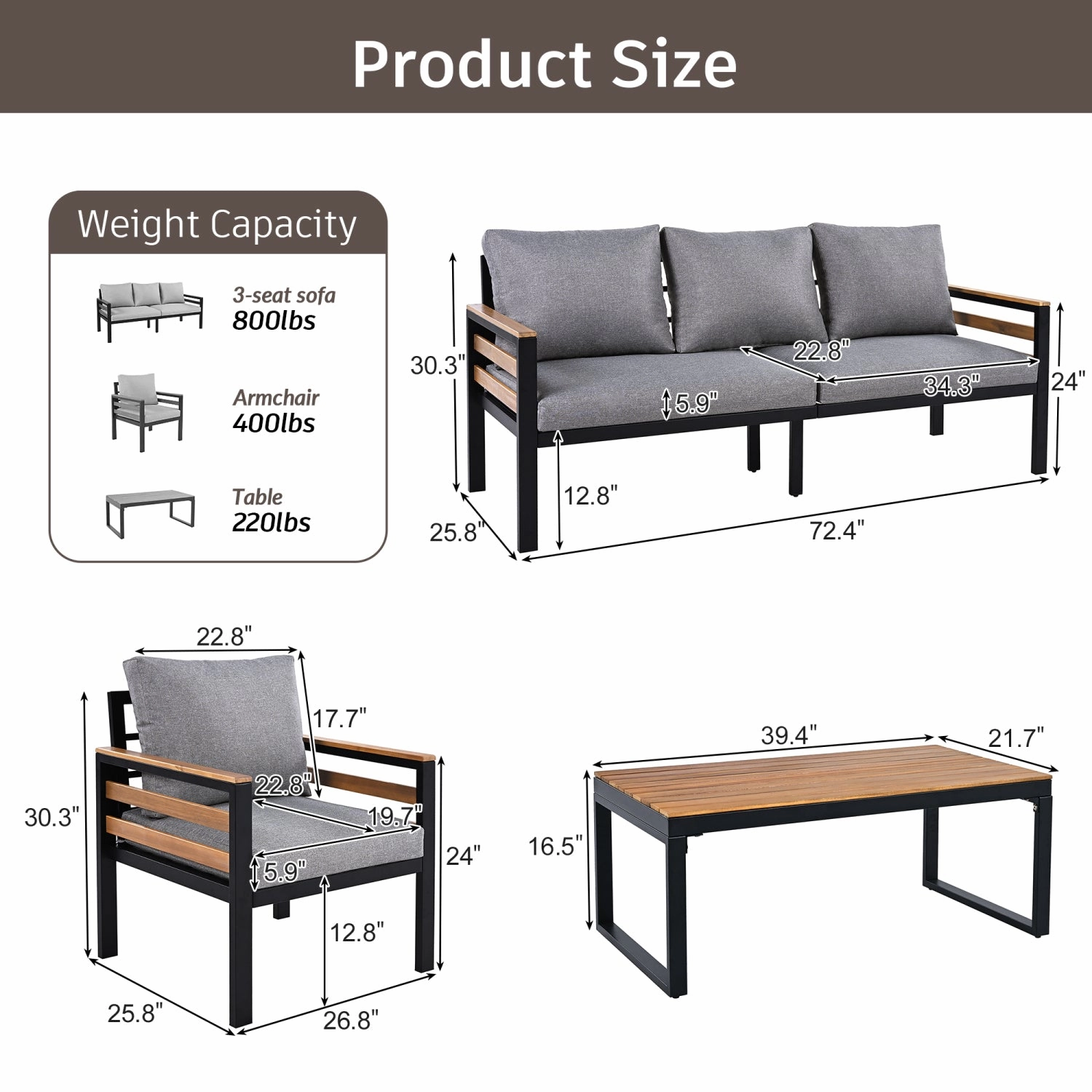 Streamdale 4-Piece Outdoor Sofa Set with Acacia Armrests & Coffee Table