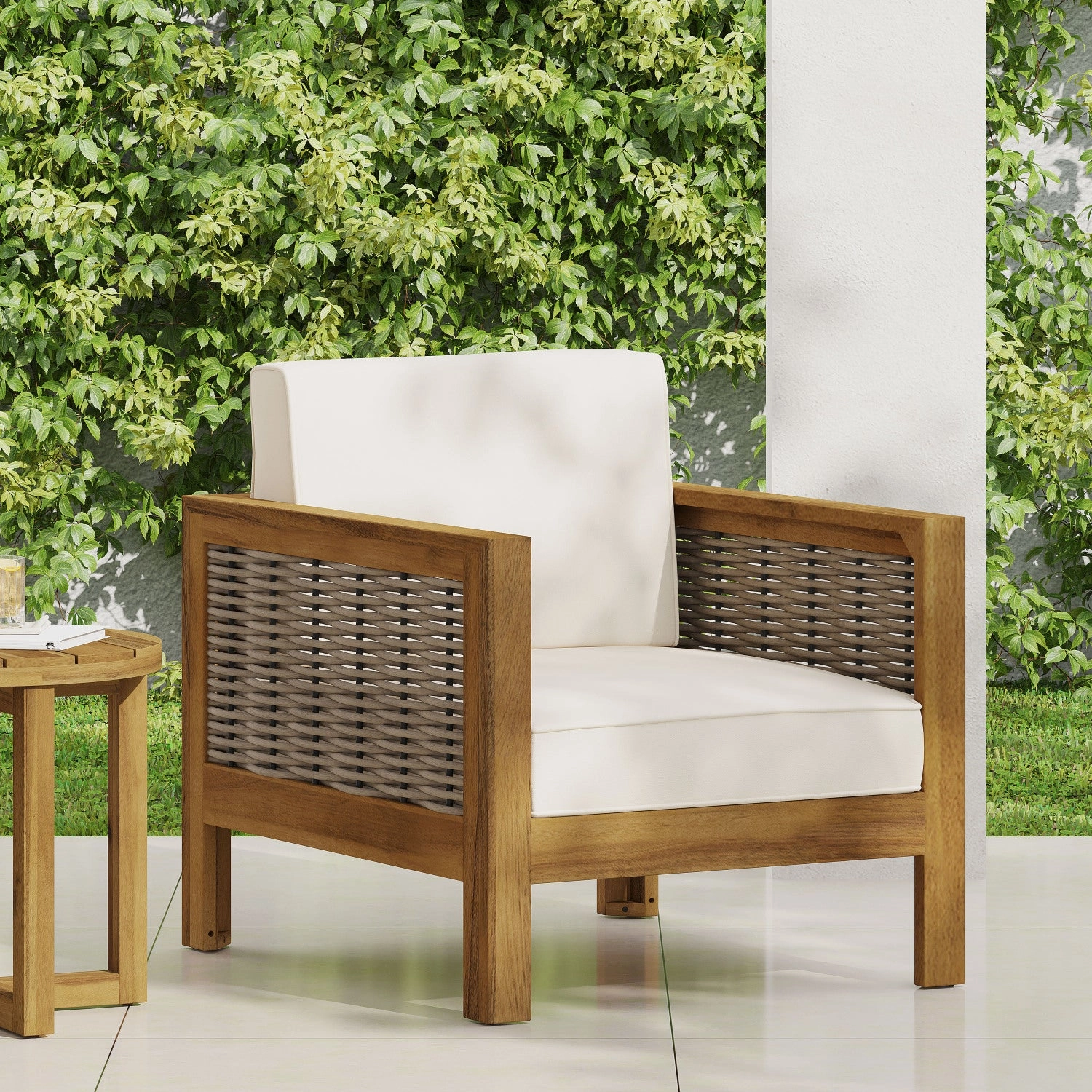 Streamdale Acacia Wood Club Chair, Wicker Accents, Teak Finish