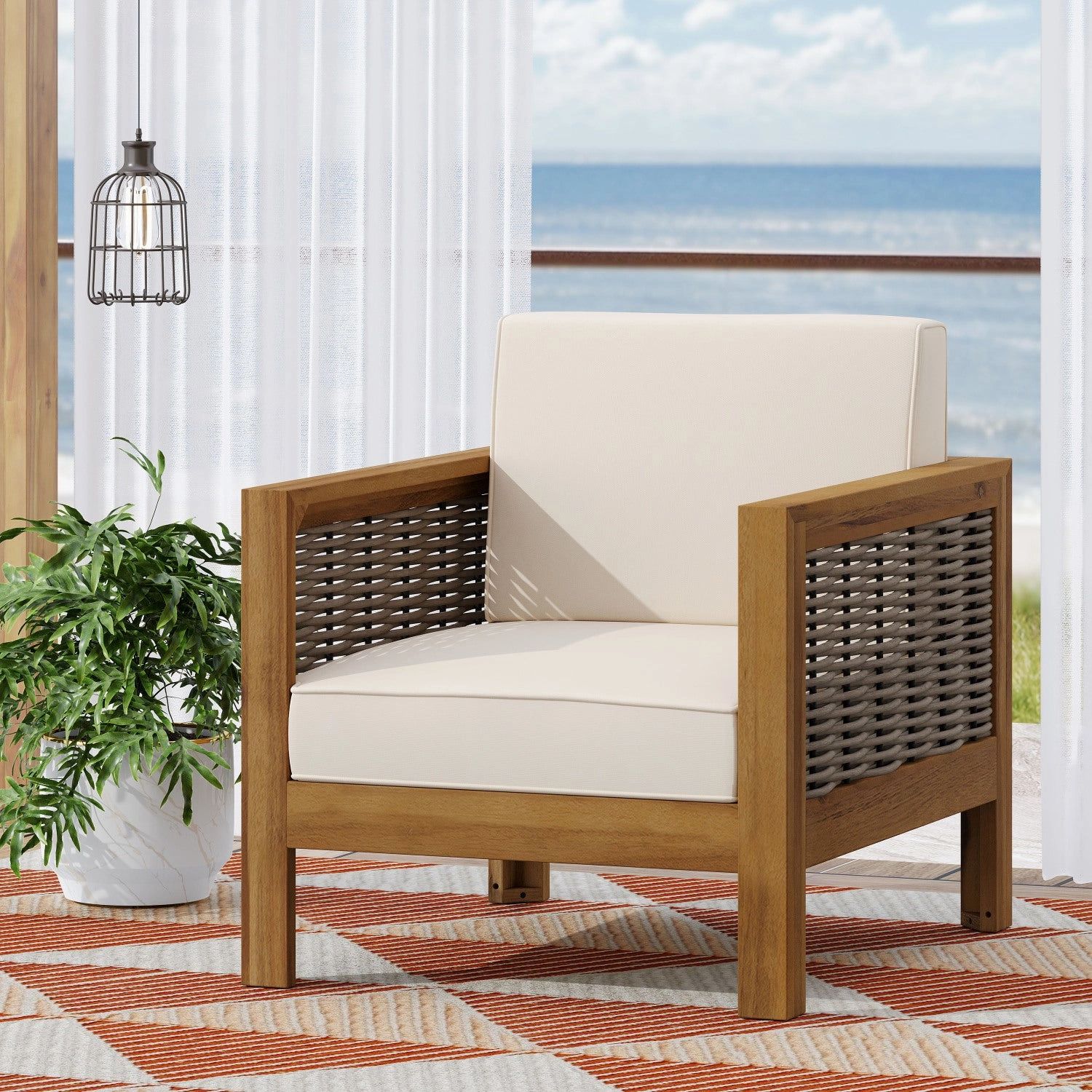 Streamdale Acacia Wood Club Chair, Wicker Accents, Teak Finish