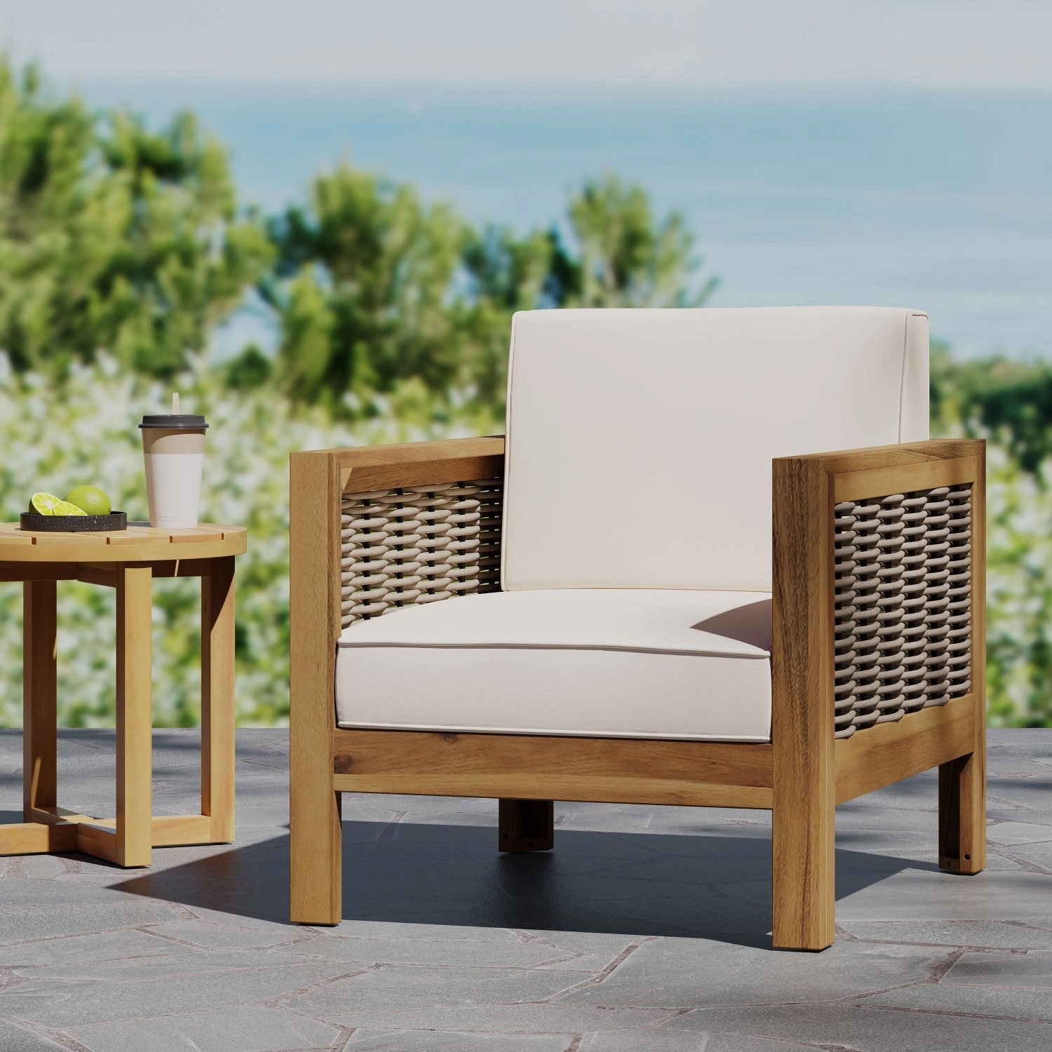 Streamdale Acacia Wood Club Chair, Wicker Accents, Teak Finish
