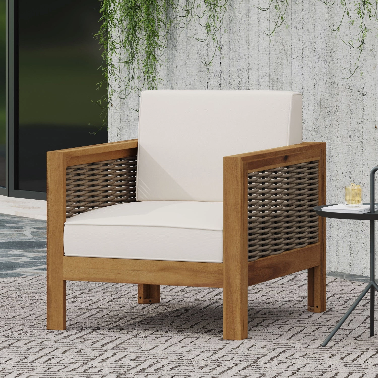 Streamdale Acacia Wood Club Chair, Wicker Accents, Teak Finish