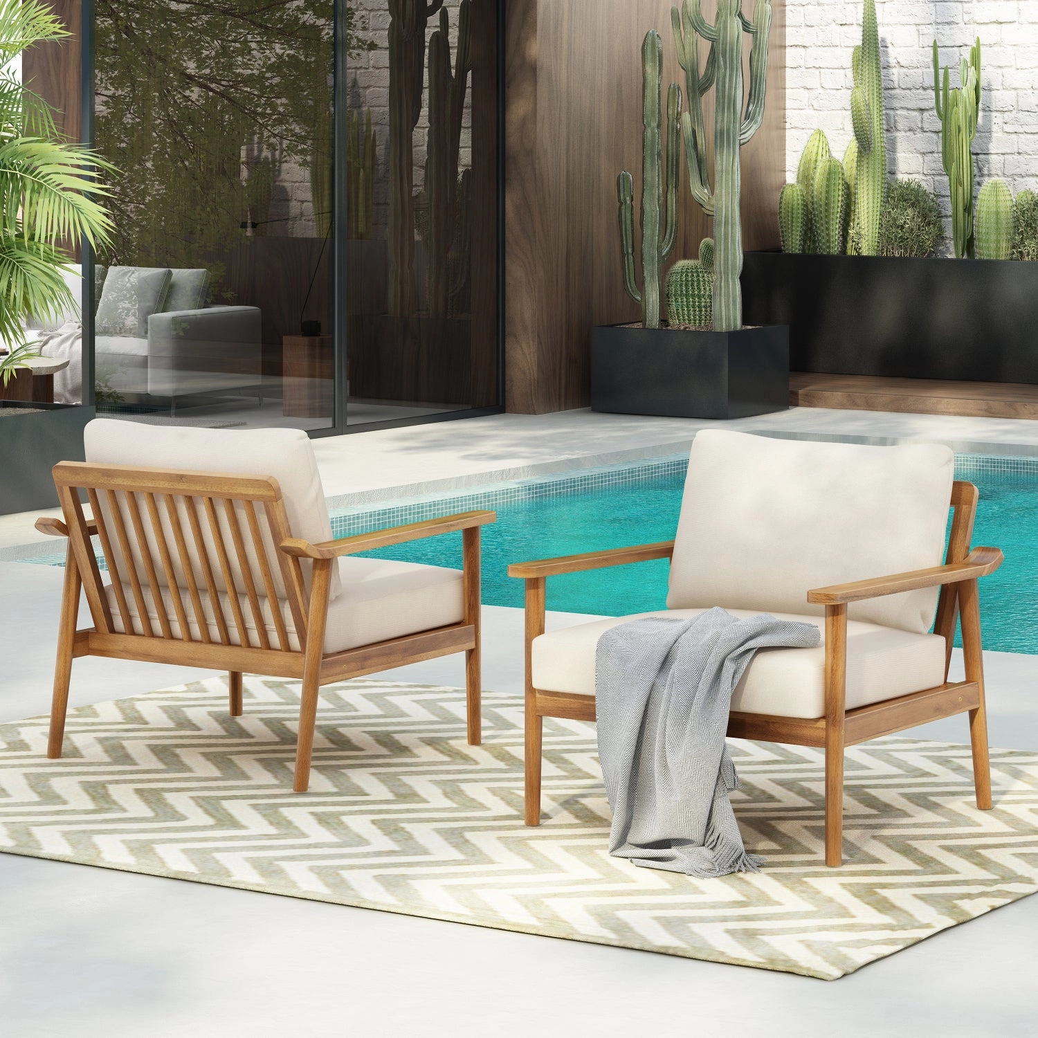 Streamdale Mid-Century Outdoor Lounge Chairs - Wood Frame & Cushions (Set of 2)