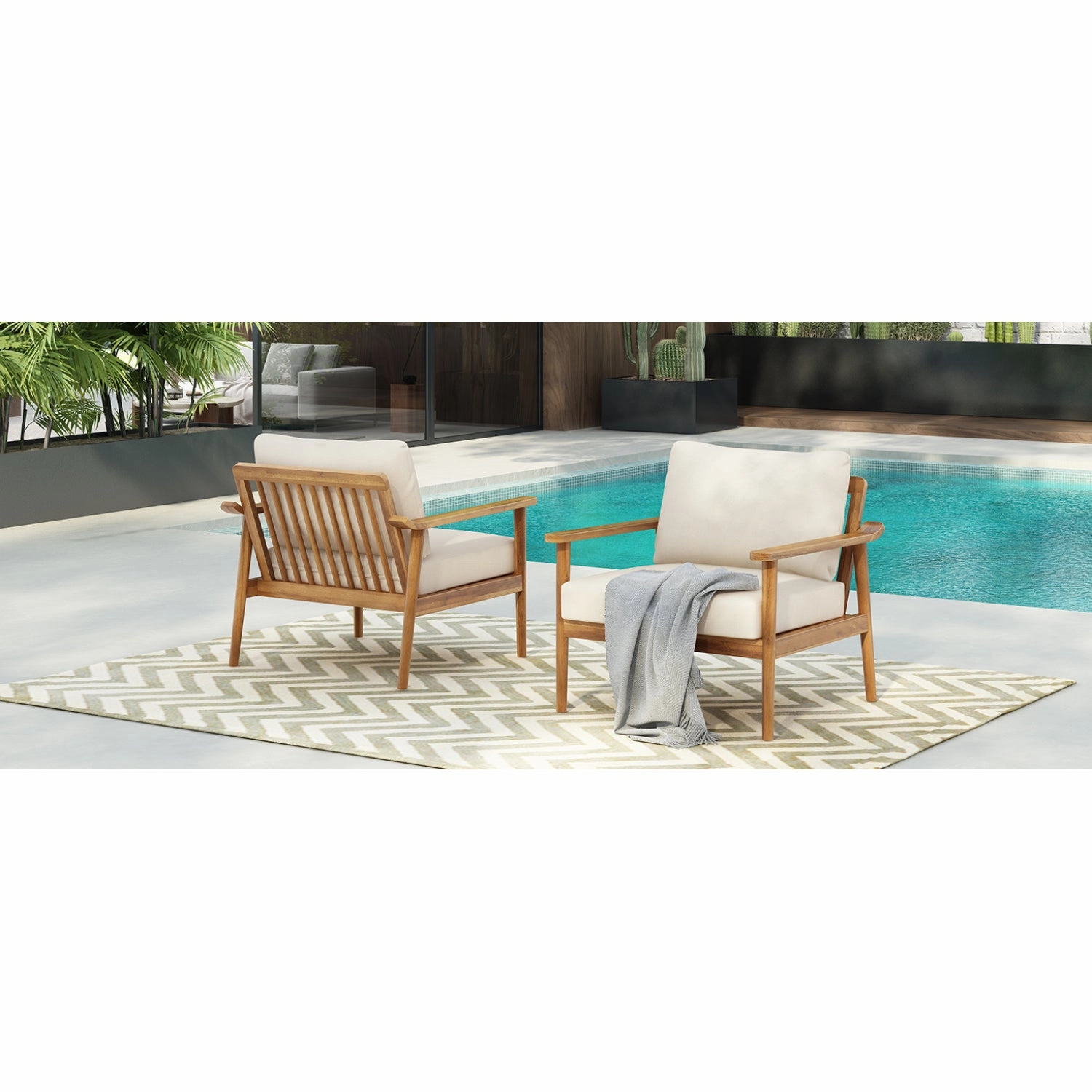 Streamdale Mid-Century Outdoor Lounge Chairs - Wood Frame & Cushions (Set of 2)