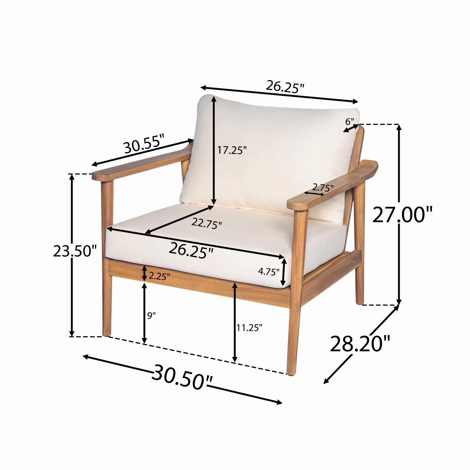 Streamdale Mid-Century Outdoor Lounge Chairs - Wood Frame & Cushions (Set of 2)