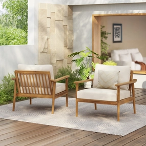 Streamdale Mid-Century Outdoor Lounge Chairs - Wood Frame & Cushions (Set of 2)