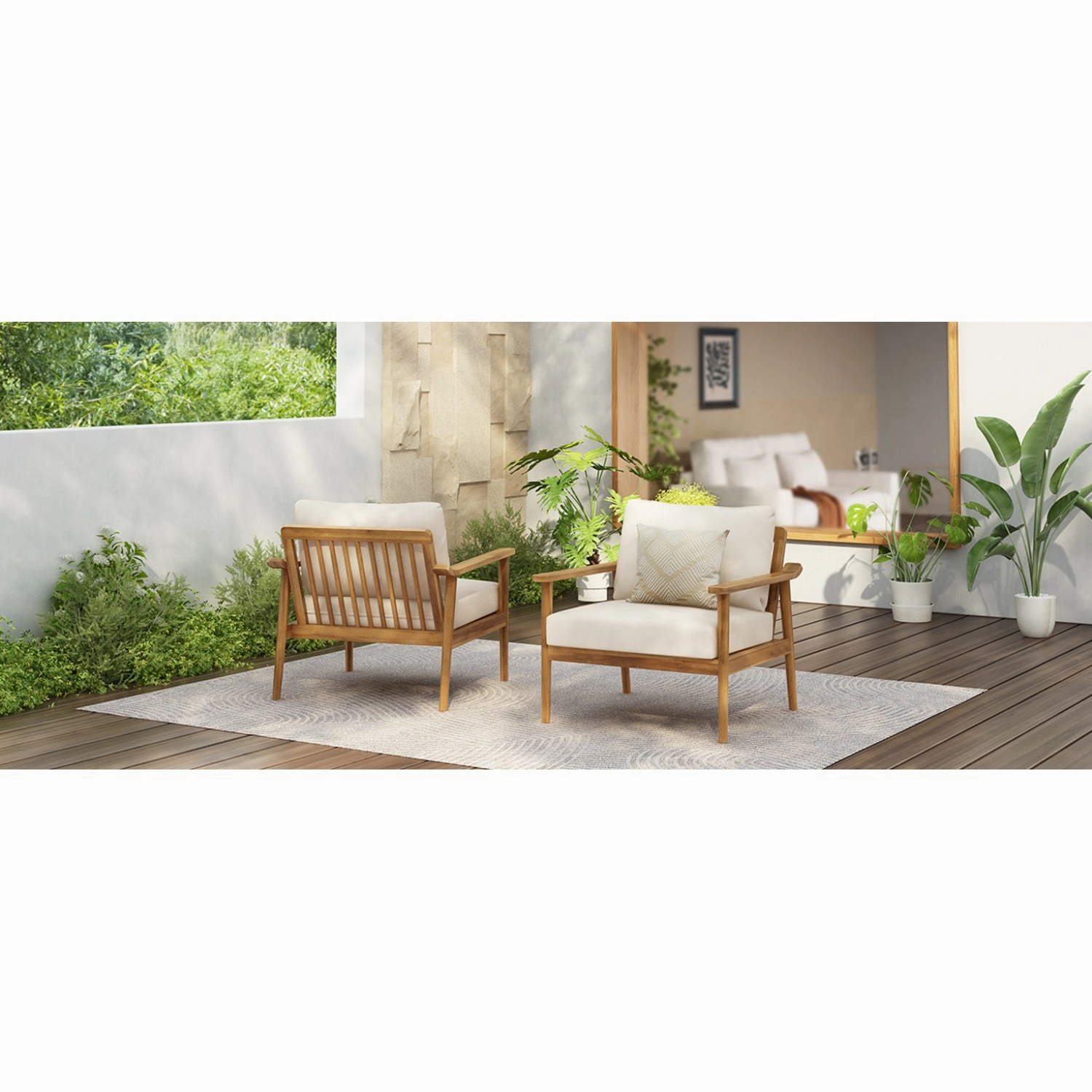 Streamdale Mid-Century Outdoor Lounge Chairs - Wood Frame & Cushions (Set of 2)