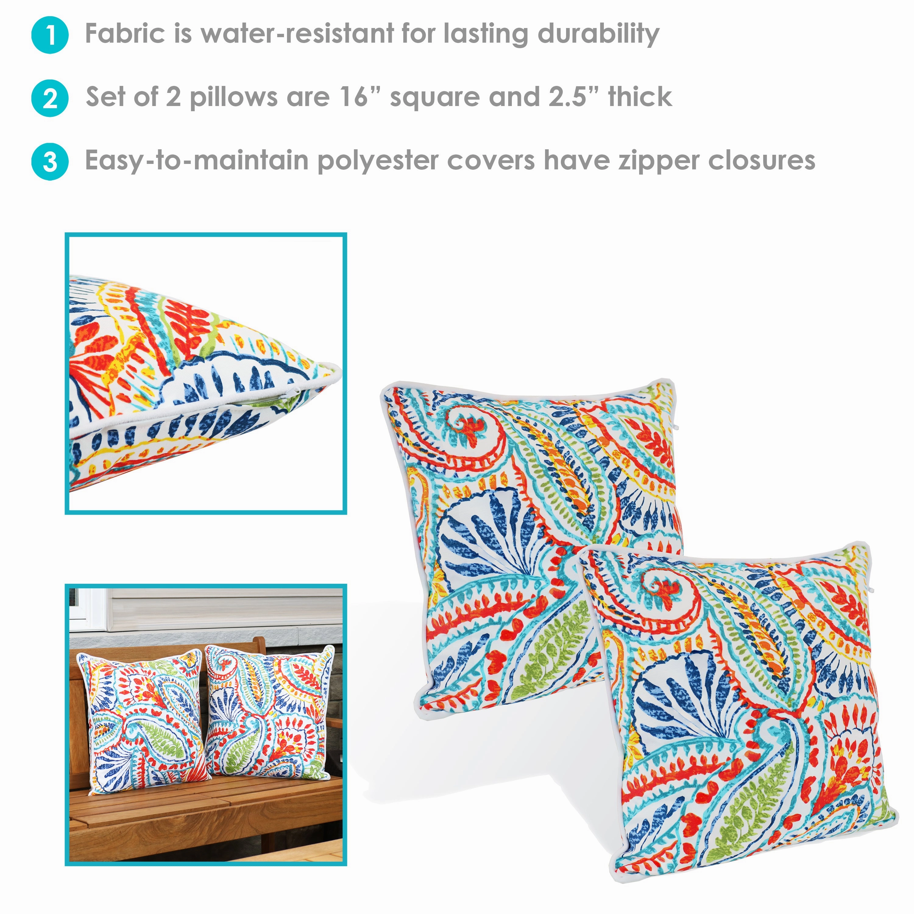 Sunnydaze Indoor/Outdoor Square Accent Decorative Throw Pillows for Patio or Living Room Furniture - 16" - 2pc