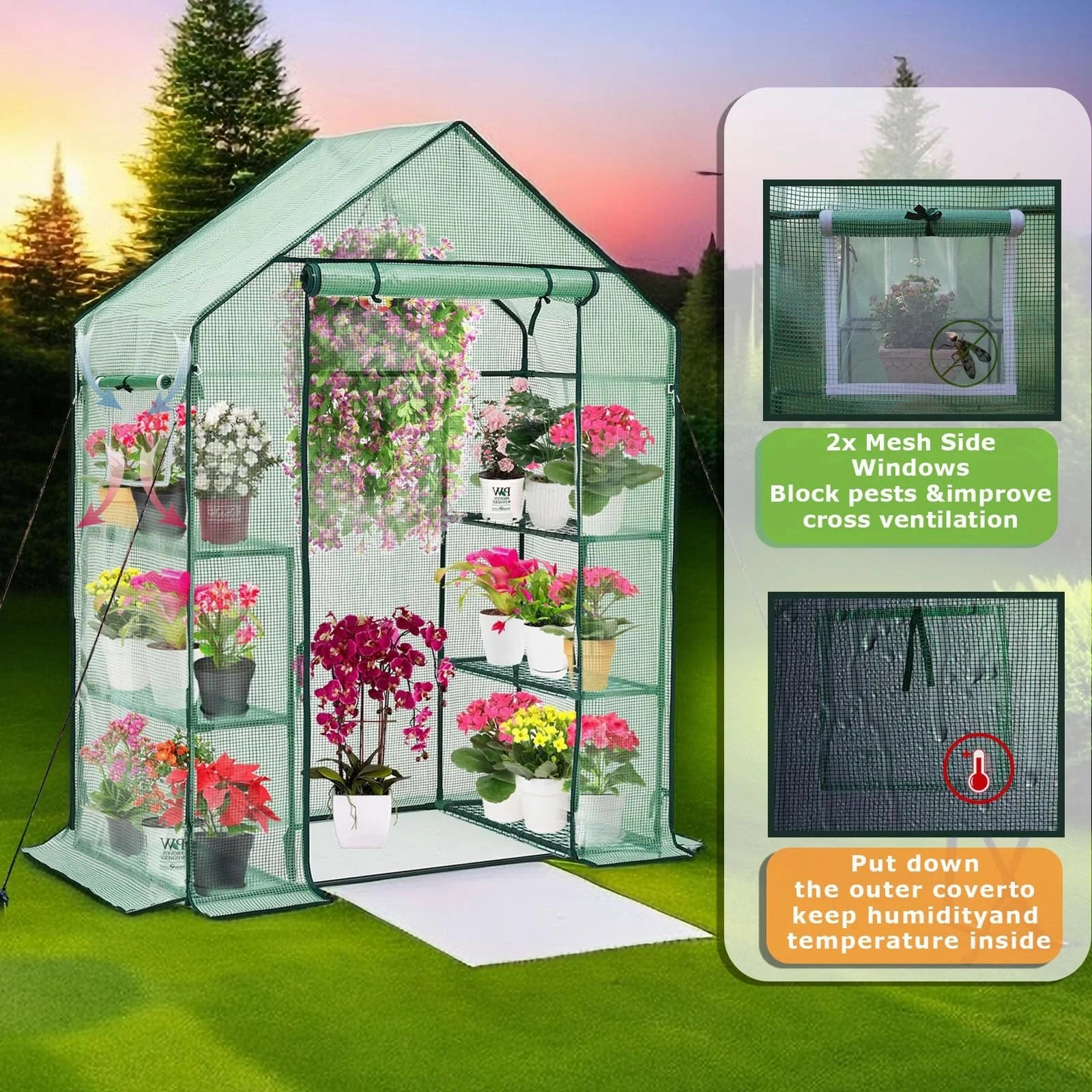 Sunoyar GS0224-1 3 Tiers, 6 Shelves Outdoor Greenhouse With Mesh Side Windows (56"x76")